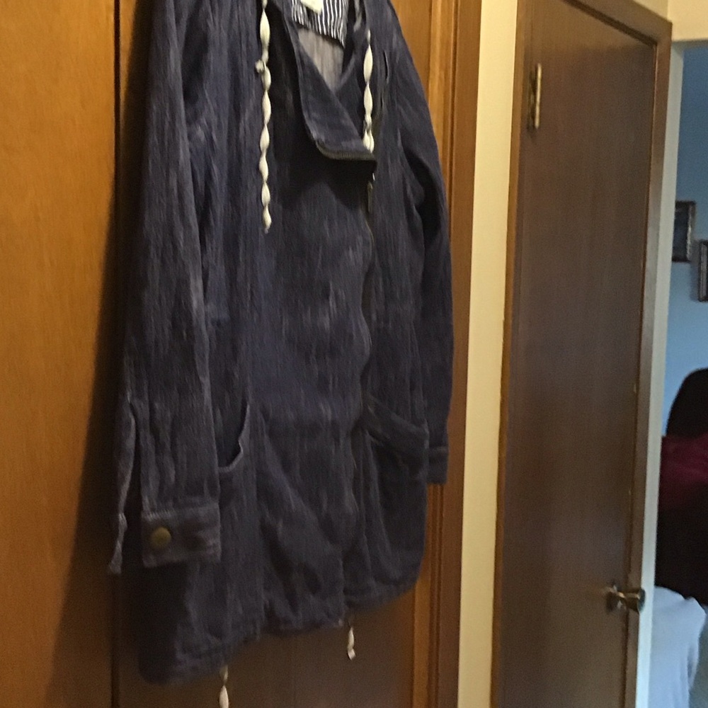 CAbi Blue and White Patterned Denim Jacket size M